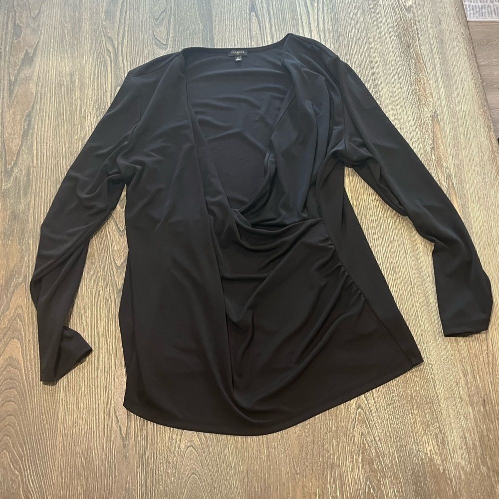 Talbots Faux Wrap Top V-Neck 3/4 Sleeve Stretch Pullover Black Plus Size 1X